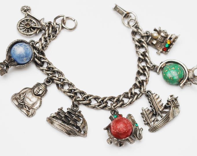 Silver Travel Charm bracelet - signed Leru - silver tone - traving charms boats,air ballon,globe bicycle ,Buddha charms