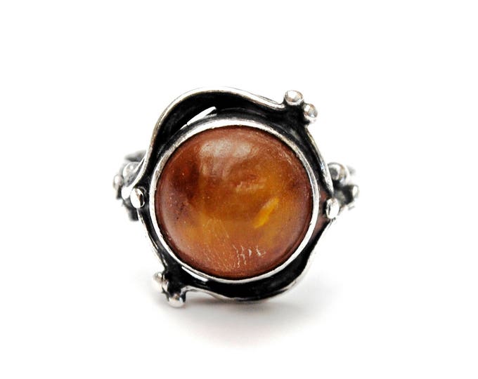 Sterling Amber Ring - Silver swirl - Yellow orange gemstone - size 6 vintage ring