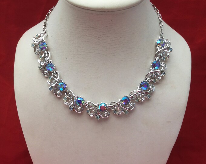 Rhinestone necklace Bracelet and earring parure set - signed Coro - Mid century - Aurora borealis crystals Vintage jewelry set