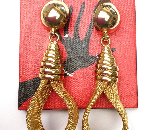 Gold Hoop dangle Earrings - Gold Mesh Loops - Bold Clip on earrings