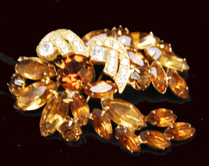 Weiss Rhinestone Brooch -Brown Orange Champagne - Clear Crystal - Gold metal Floral Leaf pin