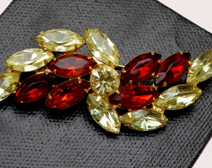 Rhinestone Bar Bow Brooch - Light yellow Crystal - dark Orange Glass -- gold setting Floral pin