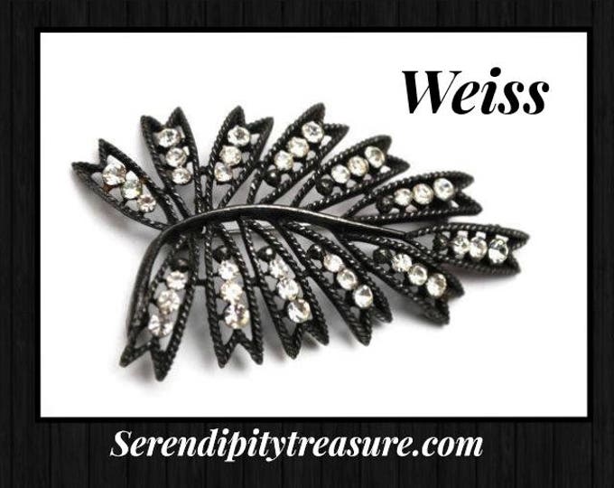 Weiss Leaf Brooch - Rhinestone - Japanned enameling - Floral FLower pin