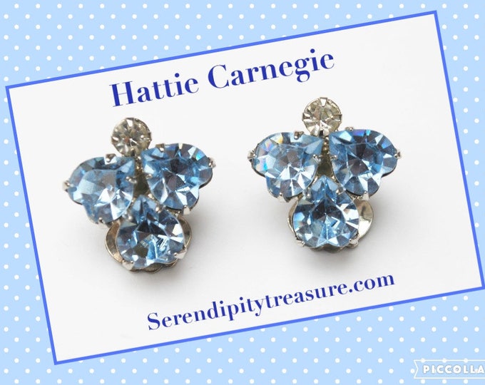 Hattie Carnegie Rhinestone - Blue and clear heart crystal - small Clip on earrings - Mid century