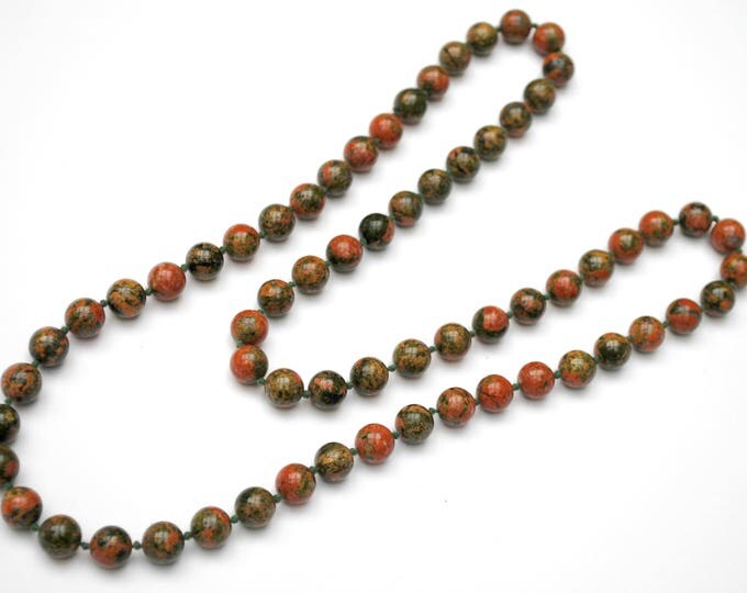 Polished Jasper bead Necklace - Red Green Gemstone - Natural stone - Gemstone Beads- green silk knots