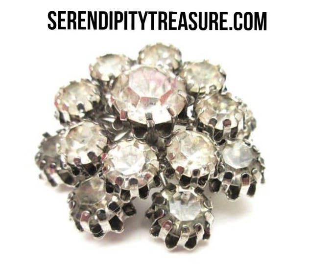 Atomic Rhinestone Brooch - Clear Ice crystal -domed layered - Mid century pin