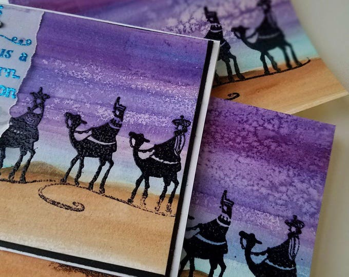 Watercolor Magi Christmas Card Isaiah 9:6 Handmade Set 10 Night Sky Star Purples Handpainted and Embossed, Blank Inside or Personalized
