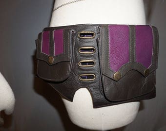 30% Off SALE! Purple and Dark Brown Leather Utility Belt with Pockets