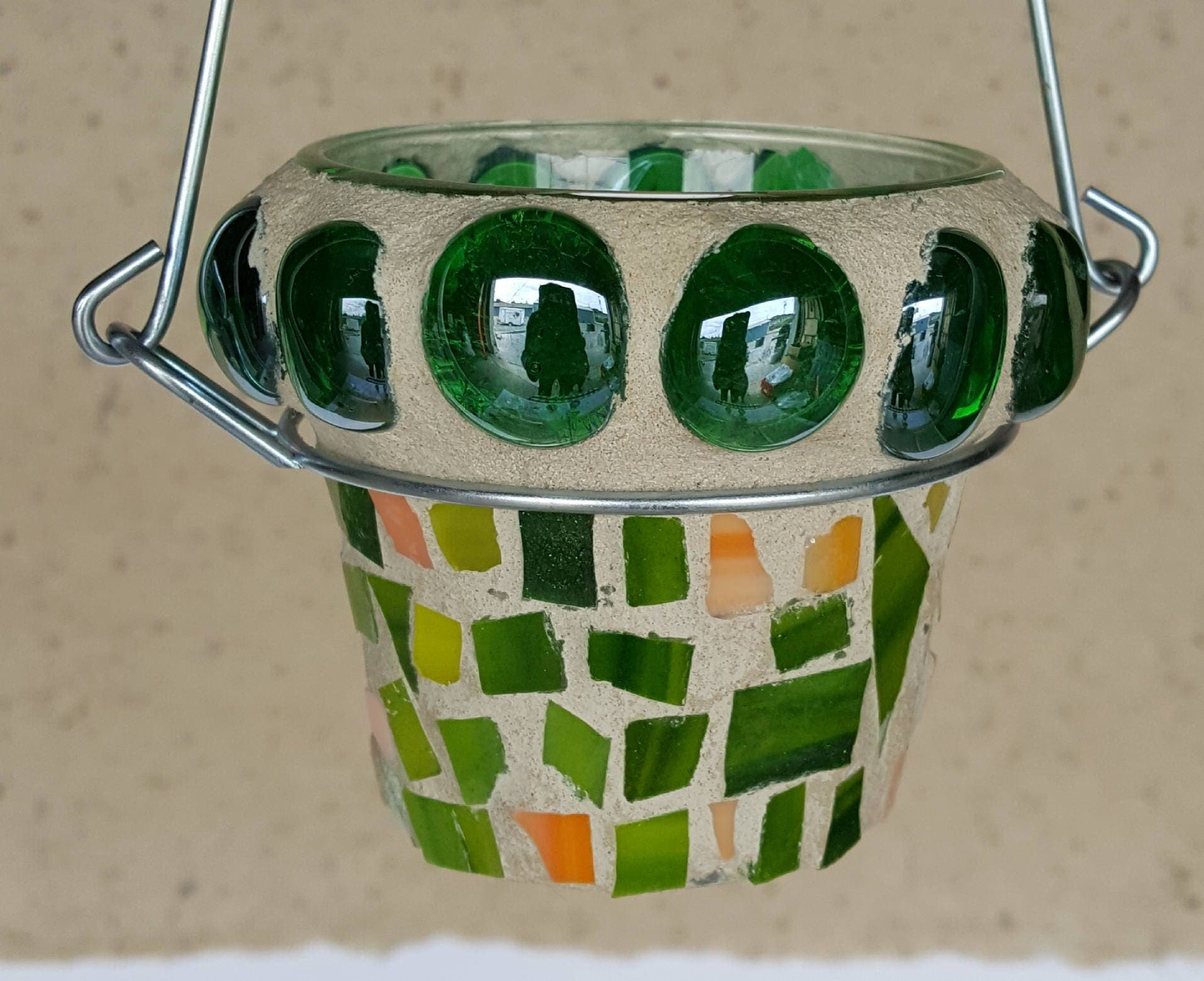 hanging flower pot mosaic stained glass green orange candle