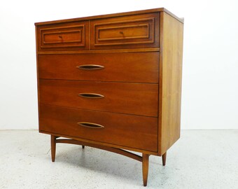 mid century modern tallboy Broyhill Sculptura walnut dresser chest of drawers