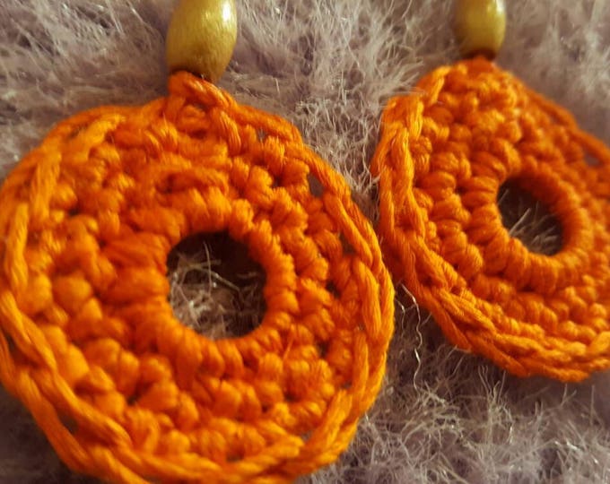 Orange Crochet Hemp Cord Earrings 2 Inch Circle Dangle Gold Plated