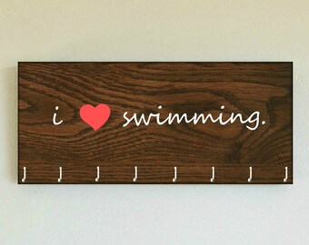 Race Medal Holder / Race Medal Hanger "i love swimming" Wall Mounted Wood Organizer CUSTOMIZATION Available