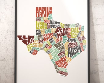 Texas map art, Texas art print, Texas typography map, map of Texas, Texas cities city map, state of Texas, choose color & size