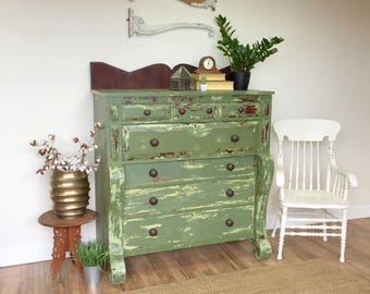 Green Dresser - Antique Farmhouse - American Empire - Large Dresser - Unique Furniture - Distressed Dresser - Primitive Furniture