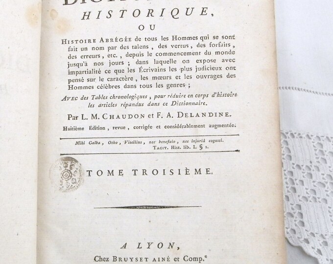 Antique French Leather Bound Book Printed in 1804 "Nouveau Dictionnaire Historique" Dictionary by Chaudon 3 rd Volume Ca to Co, Historical
