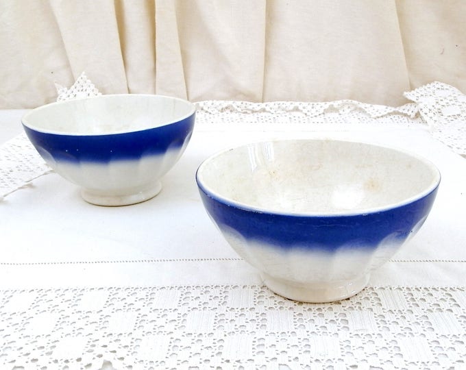 2 Antique Large Blue and White Coffee Bowls with Scalloped Sides from France, French Farmhouse Ceramic Café au Lait Bowl, Country Latte Bowl 2 Antique Large Blue and White Coffee Bowls with Scalloped Sides from France, French Farmhouse Ceramic Café au Lait Bowl, Country Latte Bowl
