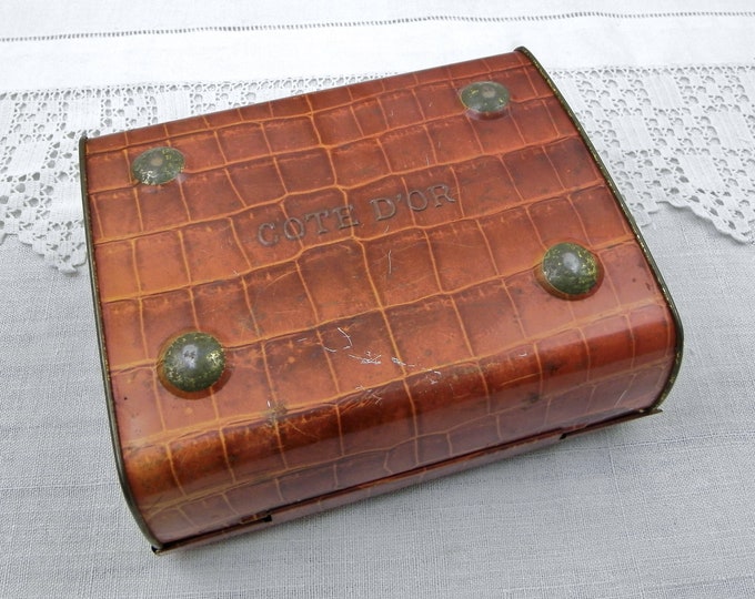 Vintage French Metal Fake Crocodile Skin Tin with Buckle, Cote D'Or Chocolate Promotional Suitcase Box with Animal Pattern from France