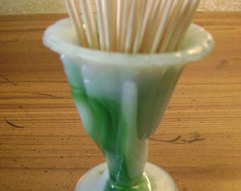Vintage Akro Agate Company Slag Glass Hand Toothpick holder, Marbled Green and White