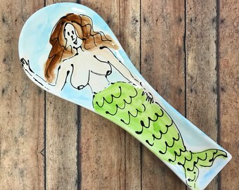 Mermaid spoon rest with long brown hair