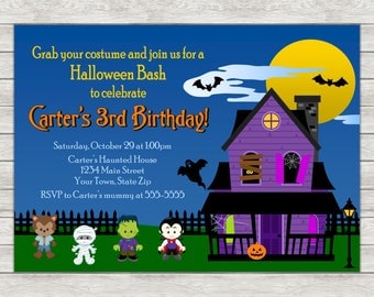 Halloween Birthday Party Invitation, Haunted House Halloween Party Invite - Printable File or Printed Invitations