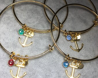 CELESTYNA 24K Gold Plated Bangle Bracelet in With Nautical Anchor Charm and Crystal