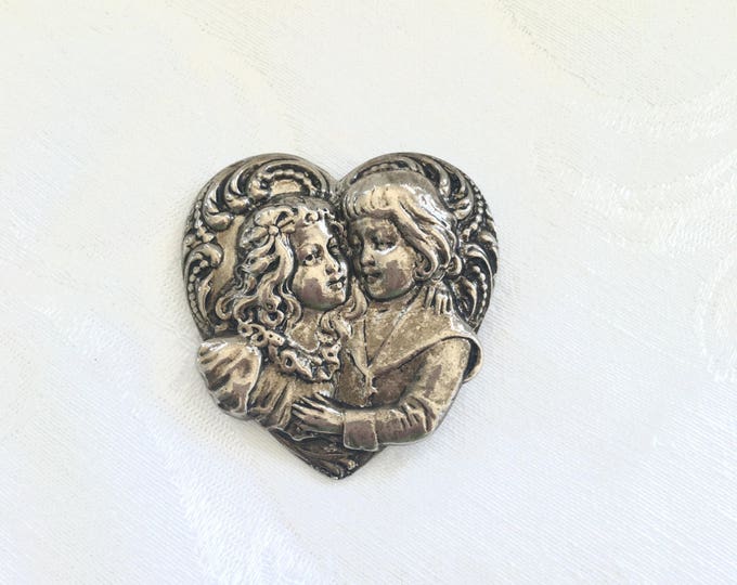 Victorian Brooch, Vintage Heart Pin, Embracing Lovers, Wedding Jewelry
