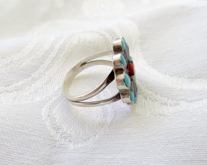 Zuni Sun Face Ring, Signed RJV Zuni Artisan, Vintage Native American Jewelry, Size 7.5