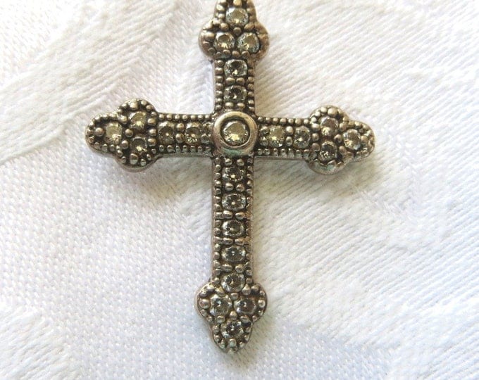 Vintage Sterling Cross Pendant, Crystal Stones, Religious Pendant