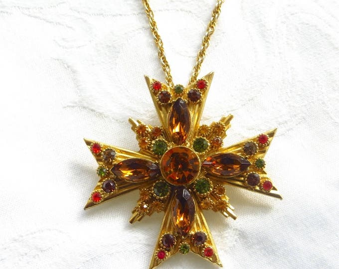 Maltese Cross Brooch, Maltese Cross Pendant, 28 inch Chain, Vintage Heraldic Jewelry