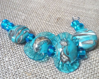 Glass Lampwork Bead - Lentil Focal Blue Multicolor