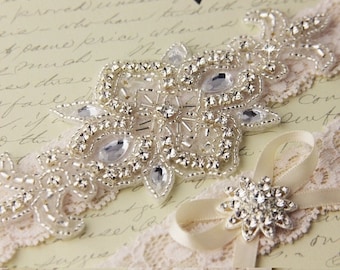 SUMMER SALE Wedding garter set, Ivory Lace Bridal Garter set, Lace Wedding Garter, Ivory Lace Garter Set, Rhinestone Garter Set, Personalize