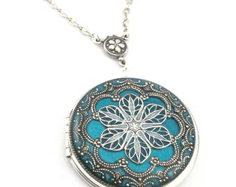 Filigree Locket, Teal Silver Filigree Flower Locket Vintage Locket Photo Locket,Valentine Gift For Her.