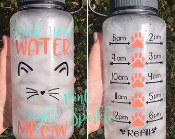 Drink your water right MEOW motivational water bottle with hourly time tracker