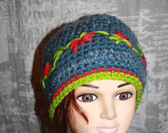 fancy, very warm, blue, flowers embroidery Cap
