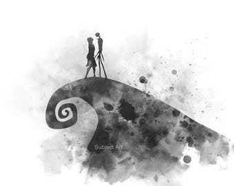 Nightmare Before Christmas ART PRINT illustration, Black and White, Tim Burton, Jack, Sally, Wall Art, Home Decor