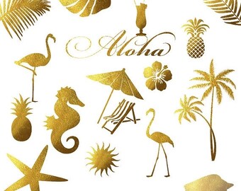 Gold foil summer clipart, flamingos clip art, gold foil pineapple, palm tree leaves, sea horse shell star, aloha hawaii, gold coctail,