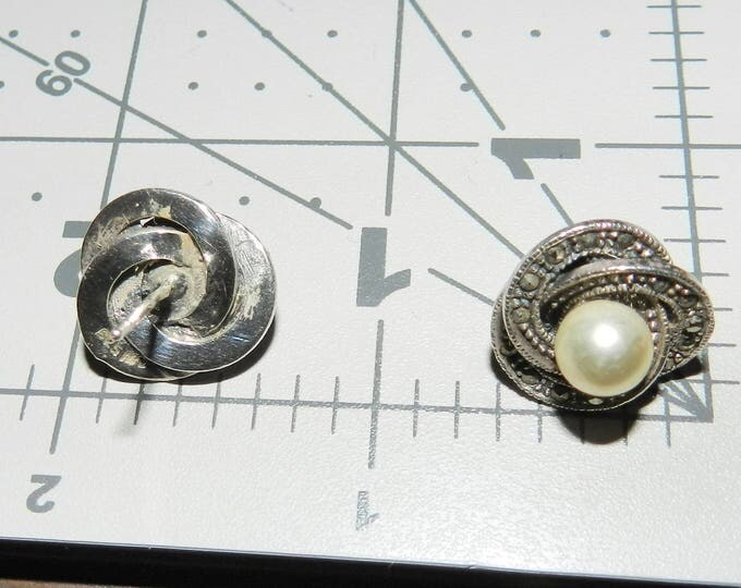 Vintage 925 Sterling Silver Cultured Pearl Marcasite Post Stud Earrings, Vintage Sterling Jewelry Jewellery, Gift Ladies Womens Earrings
