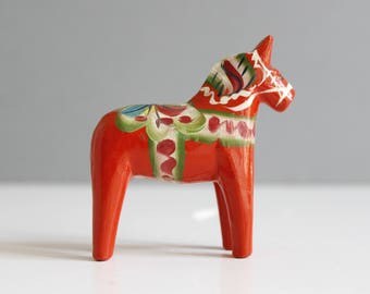 Vintage Swedish Dala Horse Red Green Hand Painted Mid Century