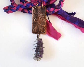 Copper leaf print necklace - copper leaf necklace - leaf necklace - leaf pendant - ribbon necklace - copper necklace - copper boho pendant