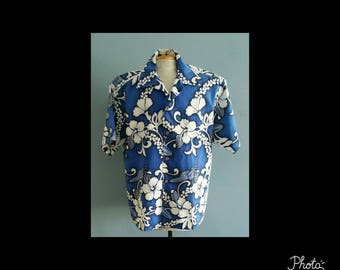 Vintage surfer themed blue Hawaiian shirt