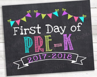 First Day of Pre-K, 2017-2018, PreK Photo Prop, Pink Teal Purple Pre-K, 1st Day of Pre-K, Chalkboard Background, Printable Sign, 8"x10"