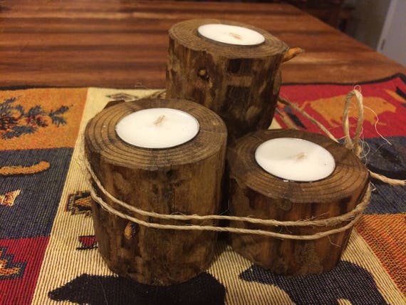 Set of 3 Rustic Lodgepole pine peeled Dark Candleholders!