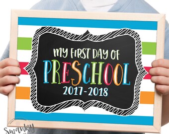 Preschool First Day Sign, Printable First Day Sign, First Day of School Sign, Chalkboard Preschool Sign, First Day of Preschool, Boy Colors