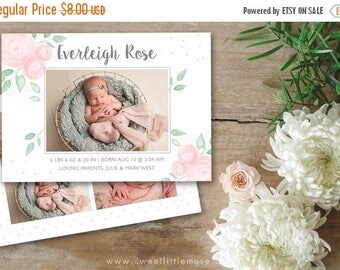 ON SALE Hand Painted Girl Birth Announcement Template - 5x7 birth announcement template - newborn photography template INSTANT Download