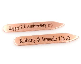 Seven 7 Year Wedding Anniversary Copper Engraved Collar Stiffeners, Collar Stays - Gifts for Men