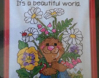 On Sale Vintage Suzy's Zoo Counted Cross Stitch Kit, "Beautiful World", #38-63, Finished Size 5" x 7", Ollie & Flowers, New Sealed Package,