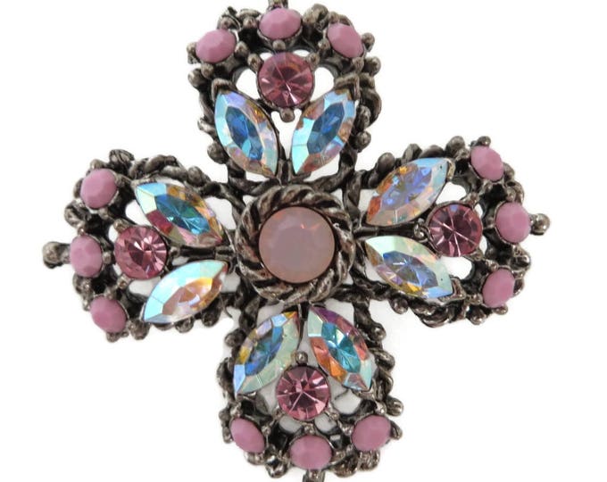 Weiss Pink Rhinestone Brooch, Fuschia Pink & AB Rhinestone Maltese Cross, Signed Weiss Jewelry