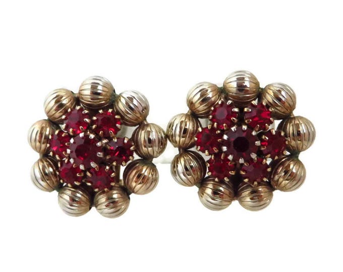Rhinestone Earrings, Ruby Red Earrings, Weiss Earrings, Vintage Gold Tone Flower Signed Designer Clip-on Earrings Rhinestone Earrings, Ruby Red Earrings, Weiss Earrings, Vintage Gold Tone Flower Signed Designer Clip-on Earrings
