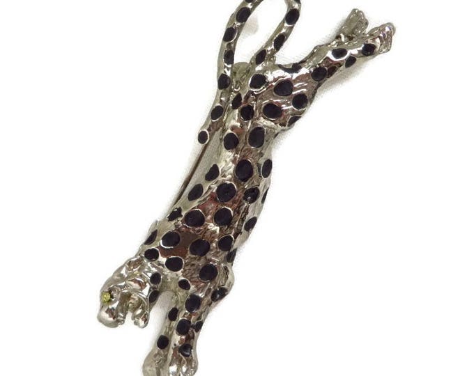 Vintage Leopard Brooch Silver Tone Leopard Pin 1970s Animal Pin Wide Enamel Brooch