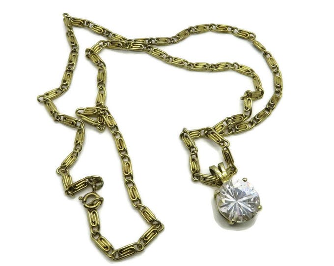 Rhinestone Pendant, Vintage Gold Tone S-Link Necklace, Round Crystal Pendant, Long Chain Necklace, Gift Idea, Gift Box